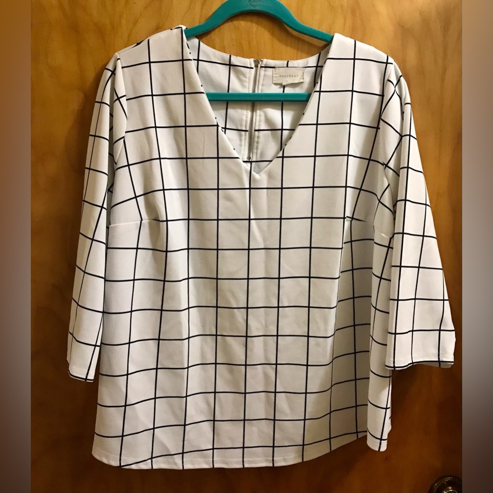 Melloday Black/White Windowpane Blouse 2X - Picture 2 of 5
